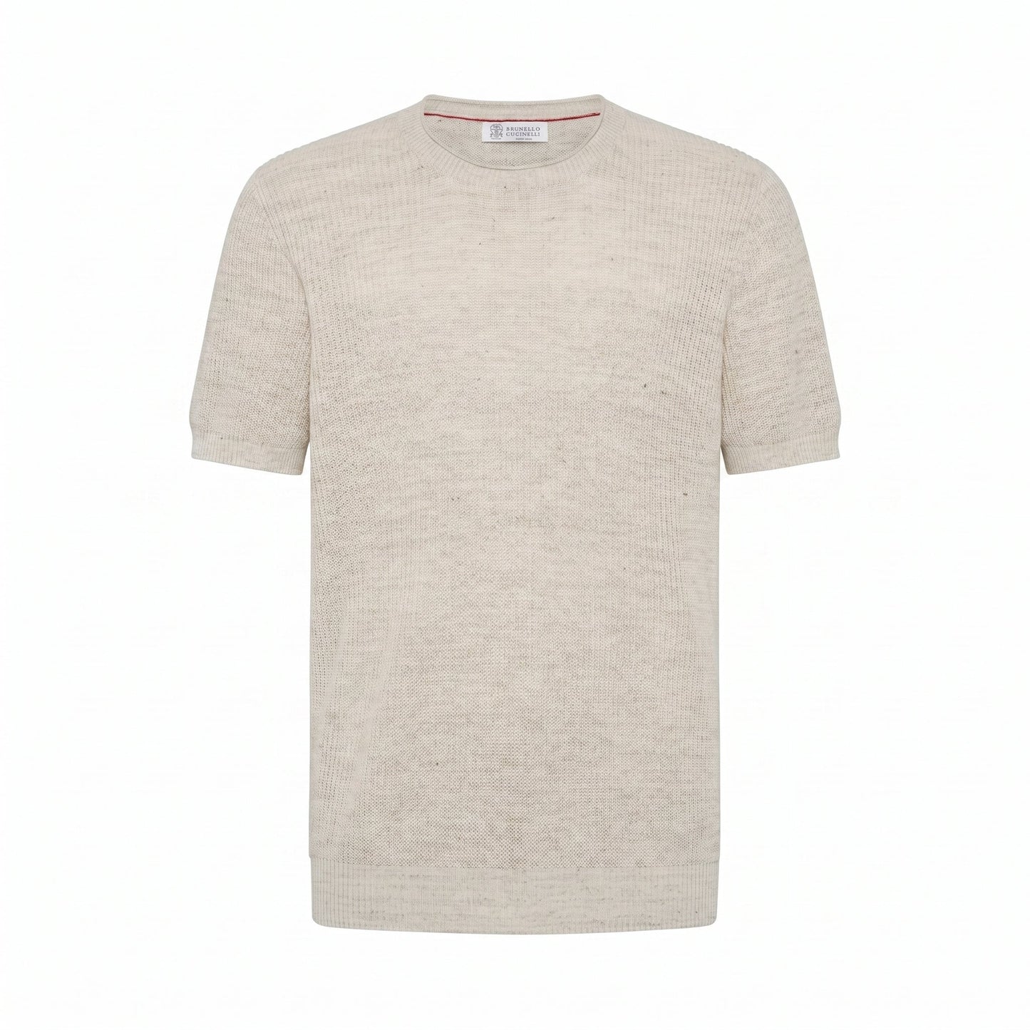 Brunello Cucinelli English rib linen t-shirt in light beige, front view — The Quiet Edition