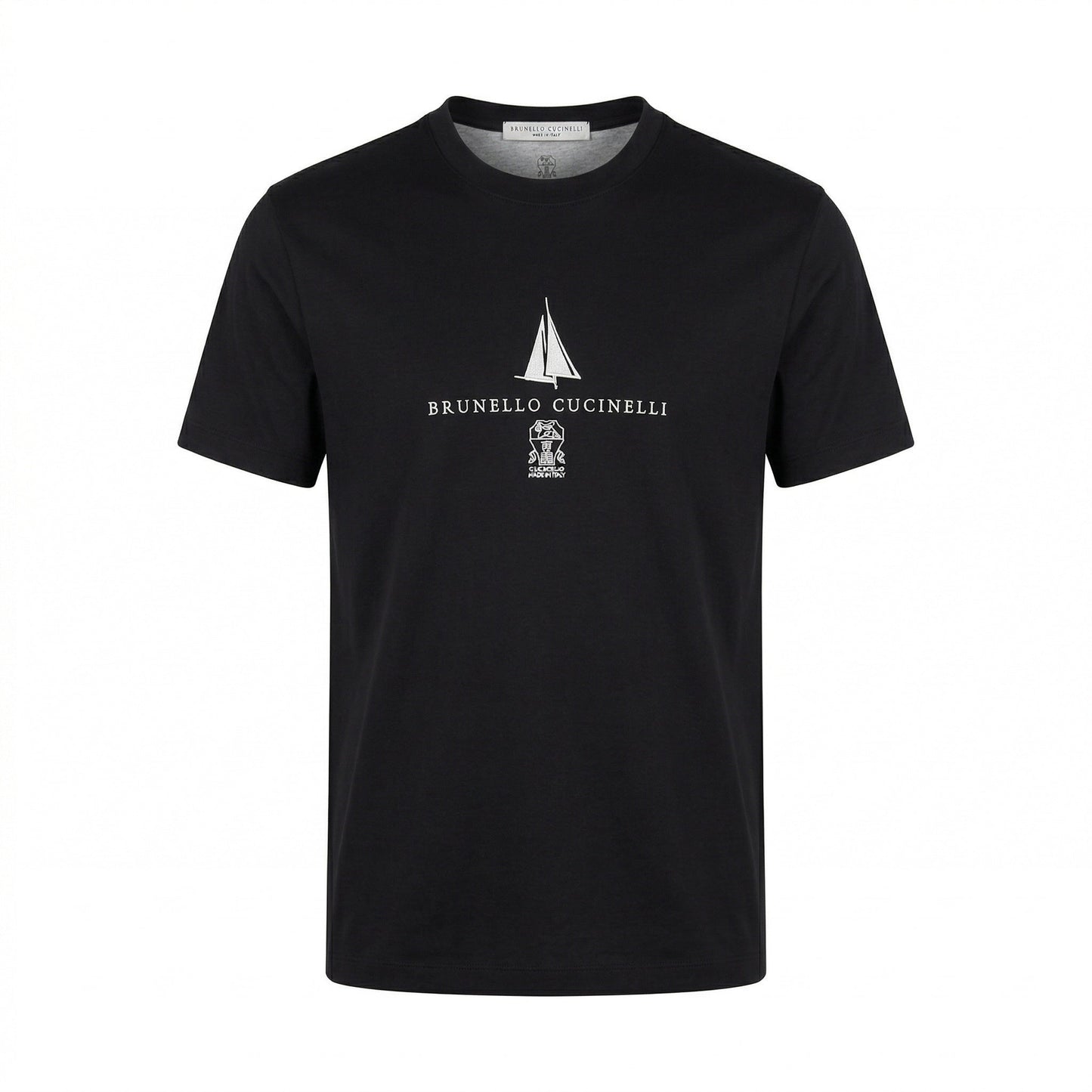 Brunello Cucinelli logo print t-shirt in black, front view — The Quiet Edition
