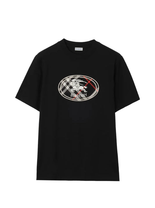 Burberry Check Knight Stamp Cotton T-Shirt in Black, front — The Quiet Edition