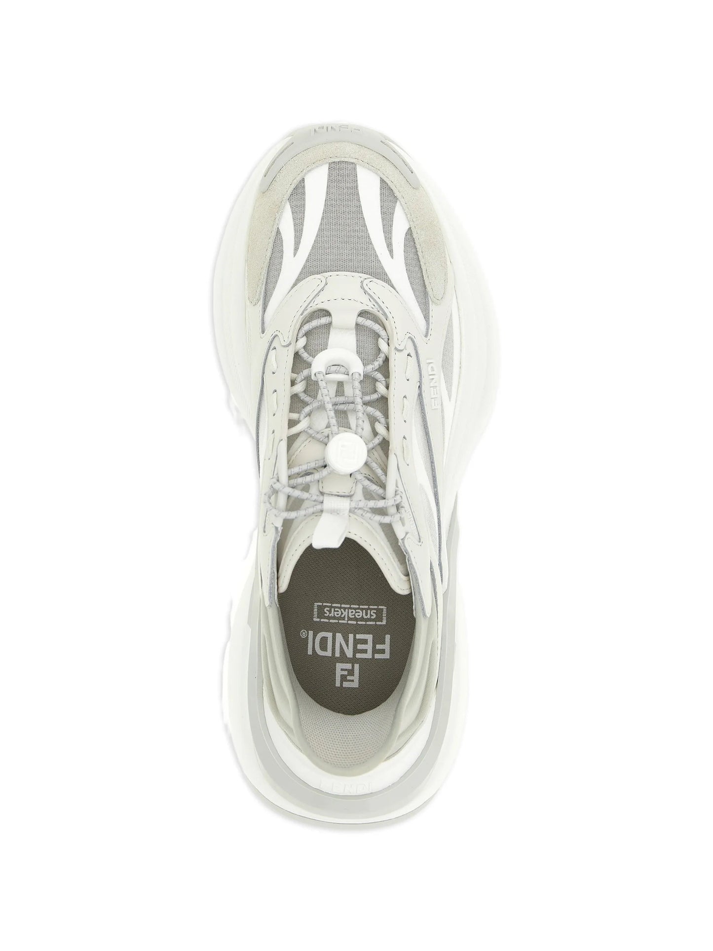 Fendi F-Light leather sneakers in grey, top-down view — The Quiet Edition