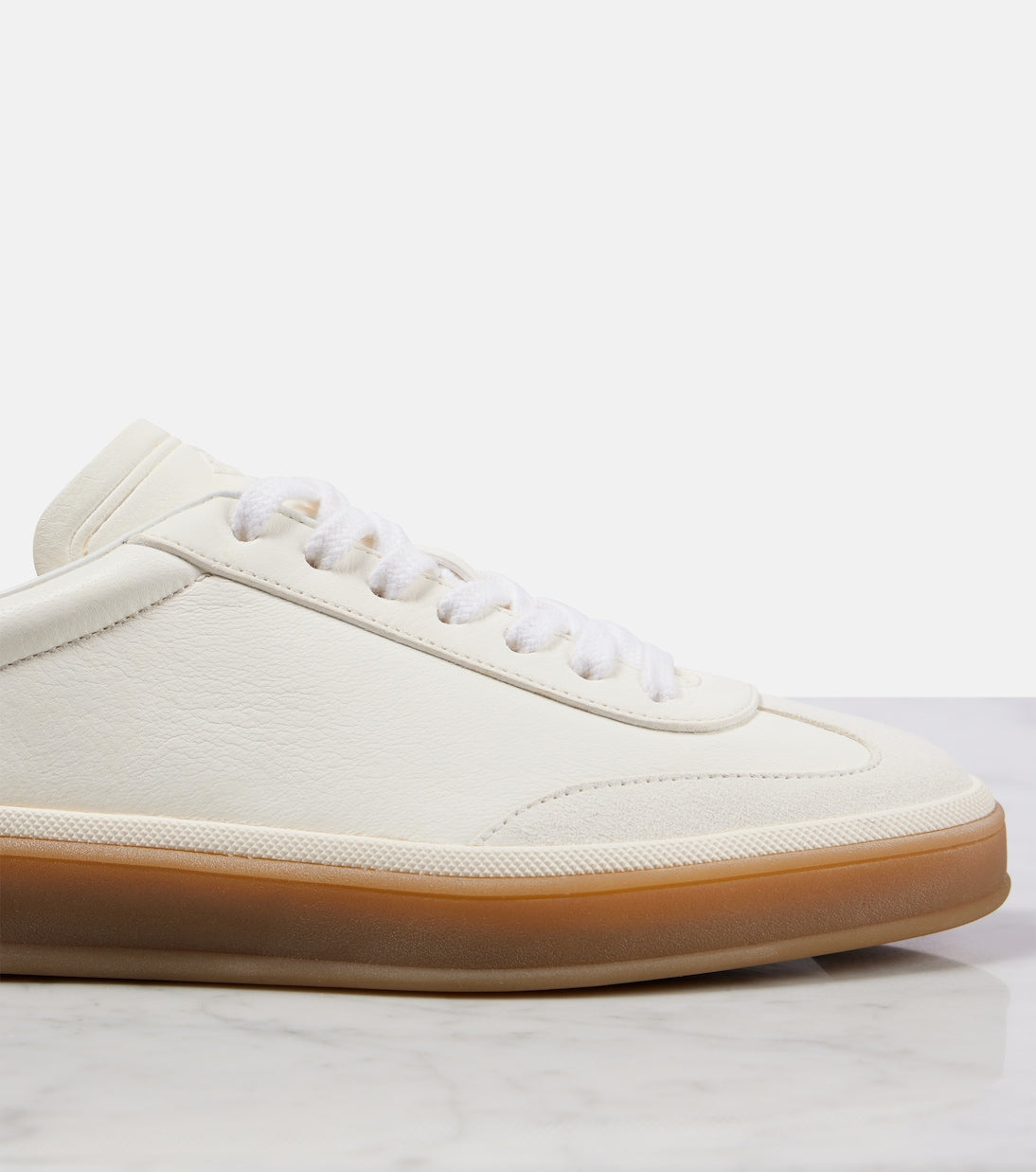 Loro Piana Tennis Walk Suede-Trimmed Leather Sneakers in White, detail — The Quiet Edition
