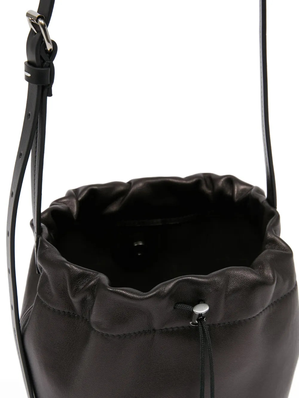 Maison Margiela Four Stitches Drawstring Bucket Bag in Brown, detail — The Quiet Edition