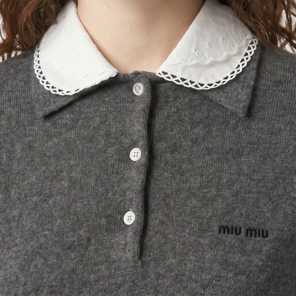 Miu Miu collared cashmere polo sweater in grey, collar and button placket detail — The Quiet Edition