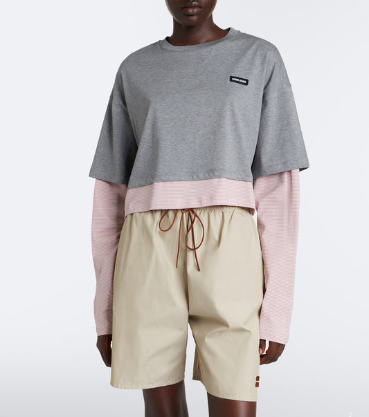 Miu Miu layered cotton jersey T-shirt in grey worn front view with beige shorts