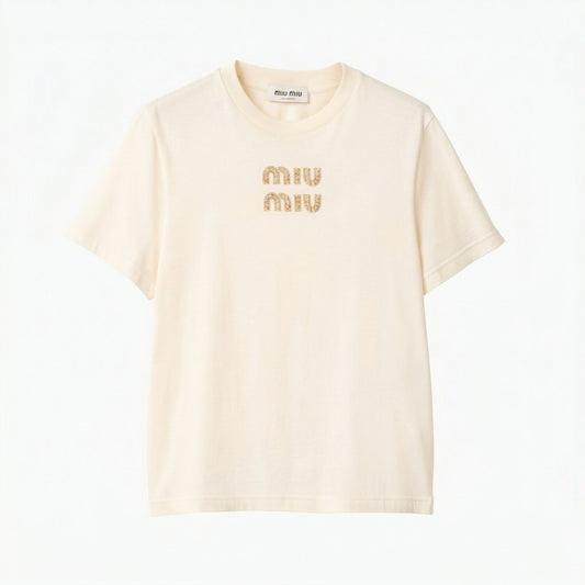 Miu Miu embroidered logo t-shirt in white, front view — The Quiet Edition