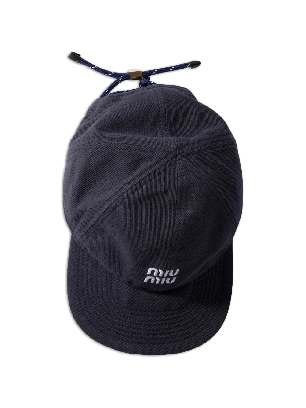 Miu Miu Logo-Embroidered Drawstring Baseball Cap in Navy, back — The Quiet Edition
