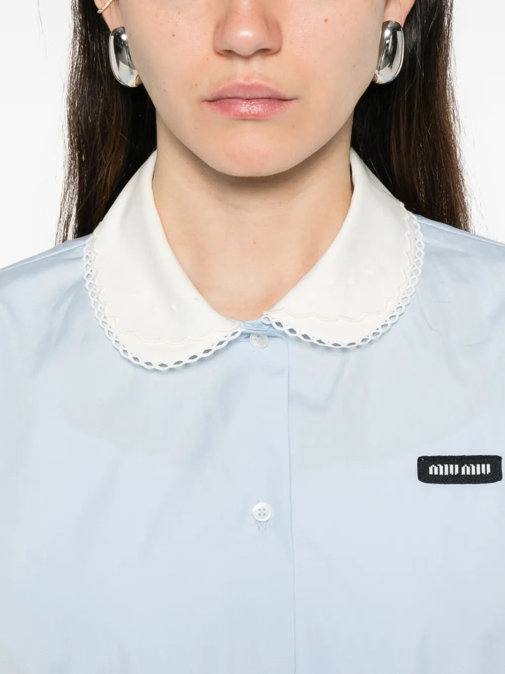 Miu Miu Scalloped-Collar Short-Sleeve Shirt in Blue, detail — The Quiet Edition