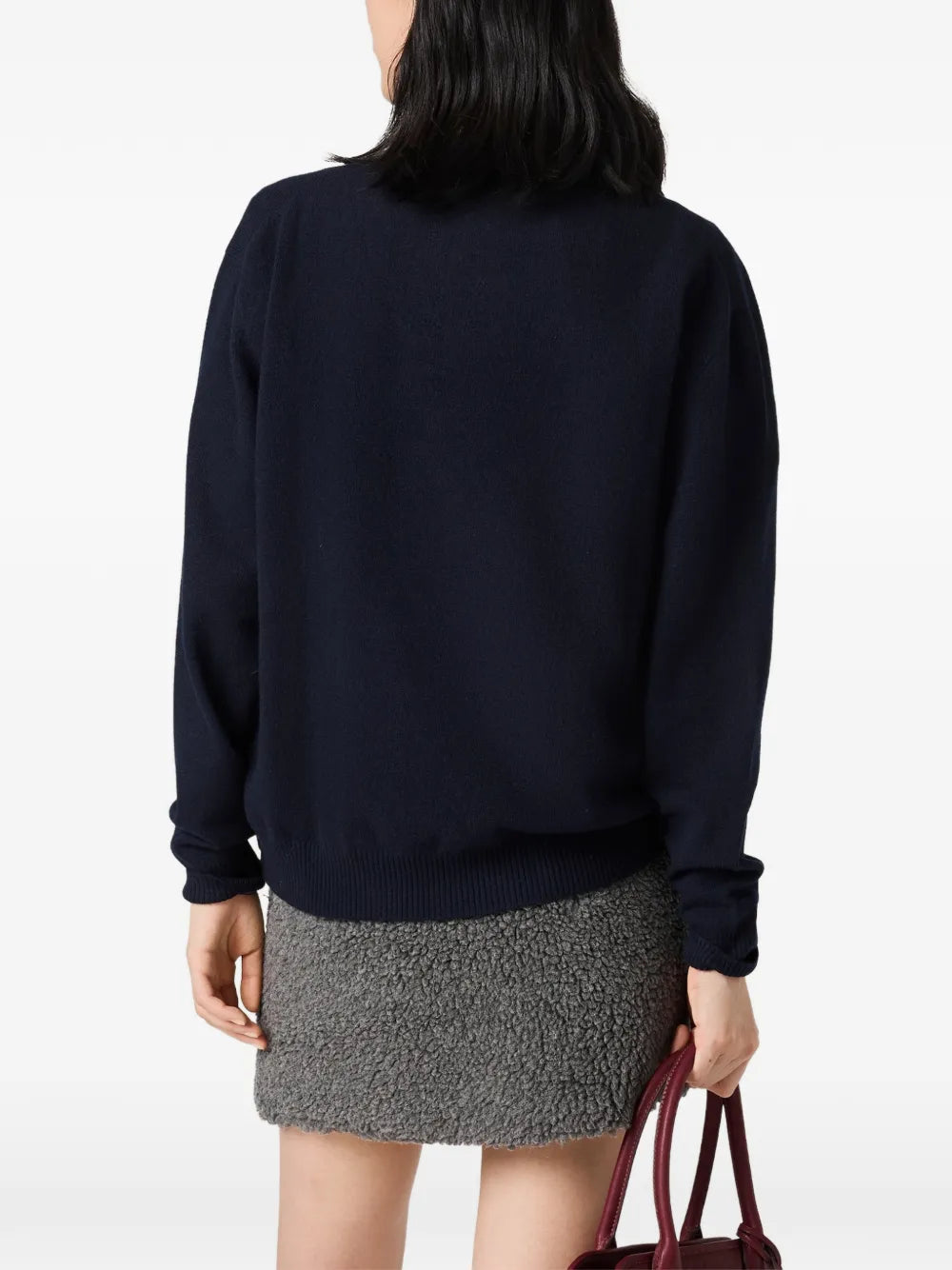 Miu Miu Wool and Cashmere Sweater in blue, back view on a model showing ribbed hem and cuffs