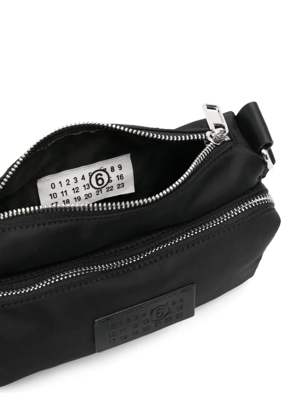 MM6 Maison Margiela Numbers-patch cross body bag in black, interior with label — The Quiet Edition