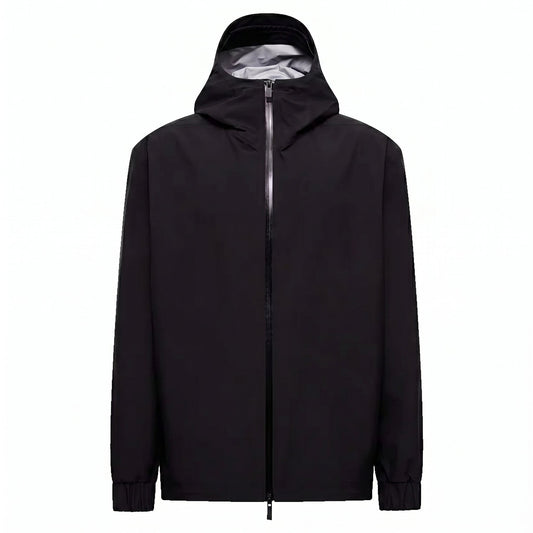 Moncler Bise hooded jacket in black, front view — The Quiet Edition