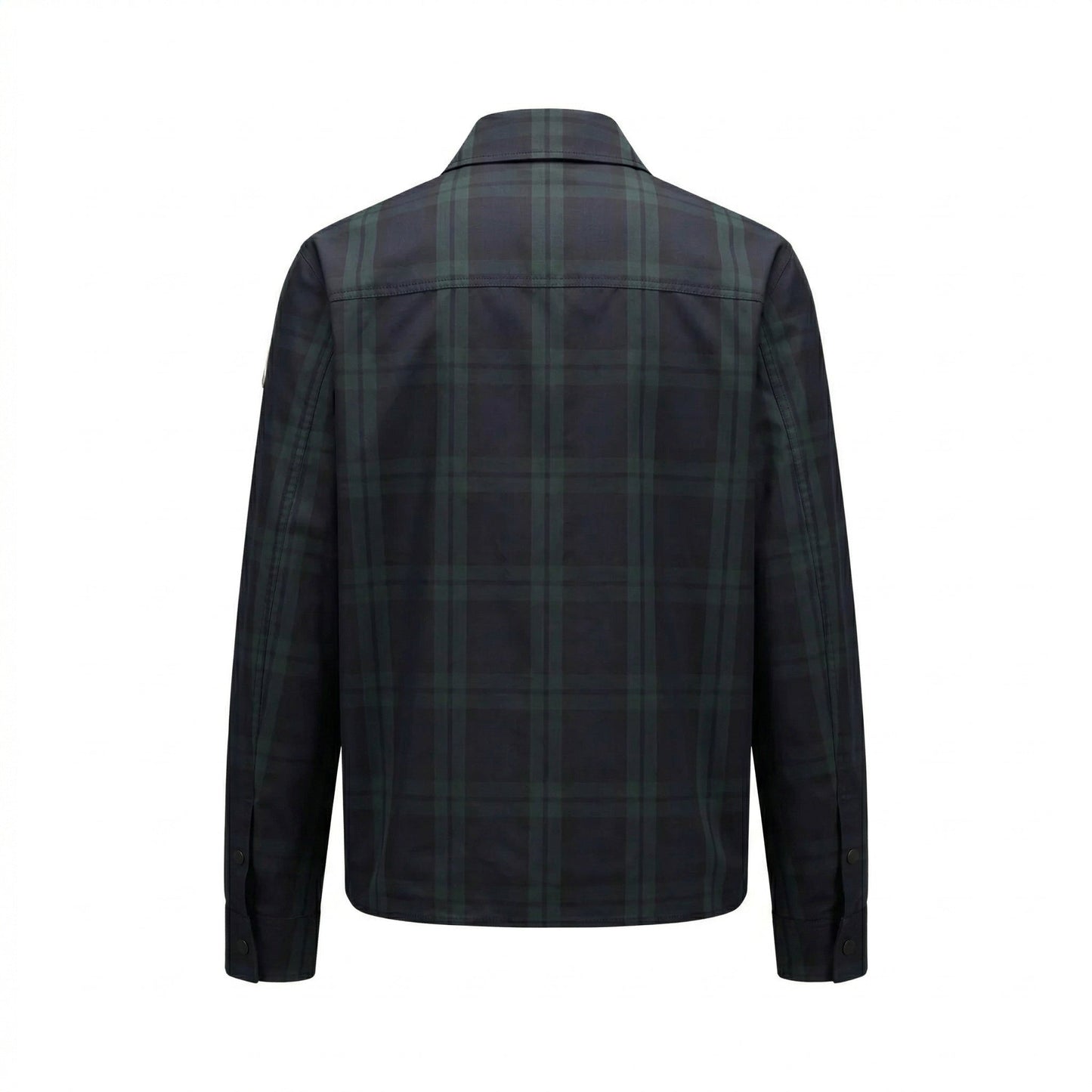 Moncler checked gabardine shirt jacket in black, back view — The Quiet Edition