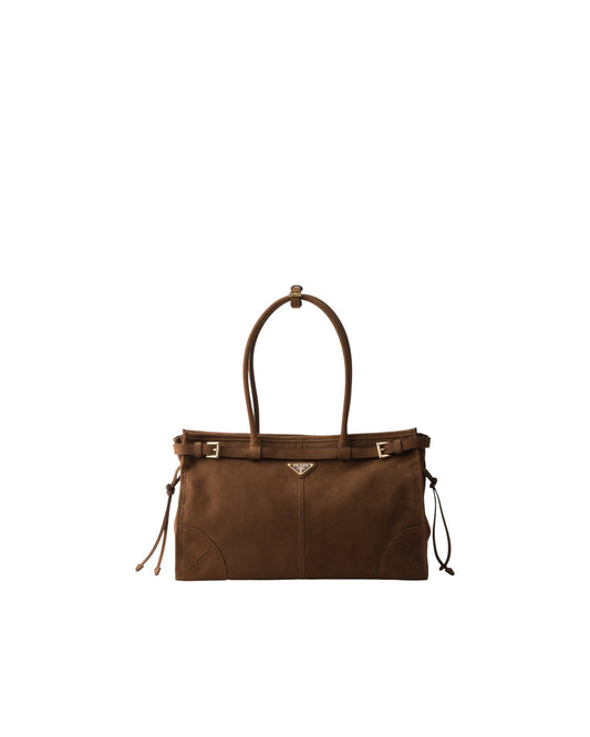 Prada Bonnie Large Suede Shoulder Bag in Cocoa Brown, front — The Quiet Edition