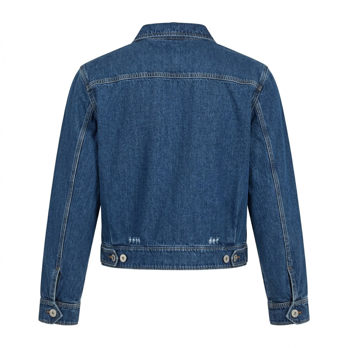 Prada denim blouson jacket in navy, back view — The Quiet Edition