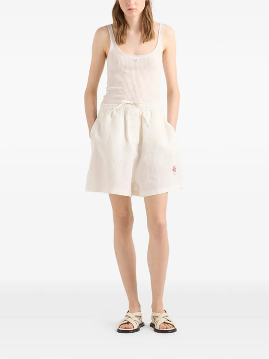 Prada Embroidered Slubbed Linen Shorts in Neutrals, back — The Quiet Edition