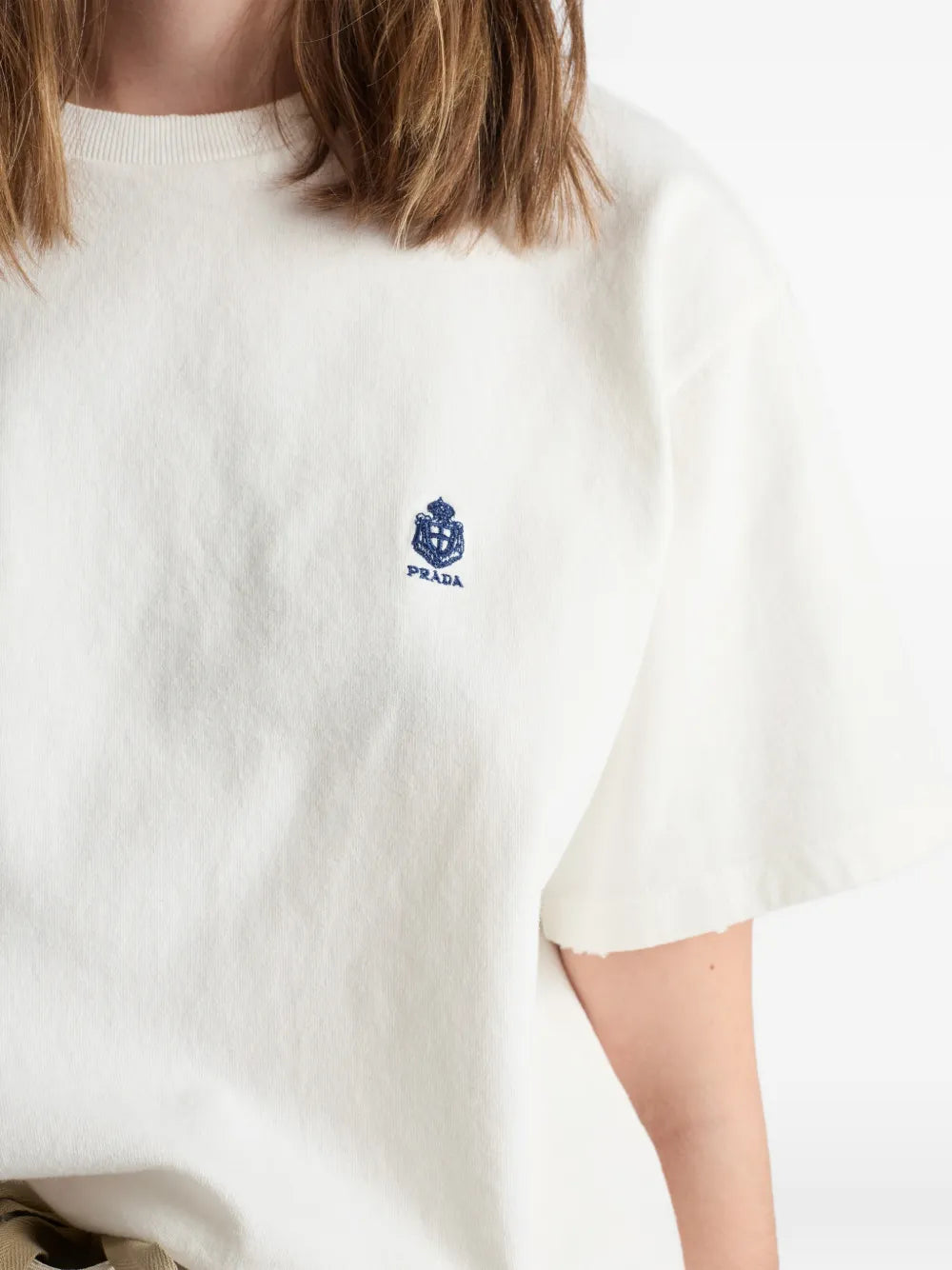 Prada Garment-Dyed Jersey T-Shirt in White, detail — The Quiet Edition