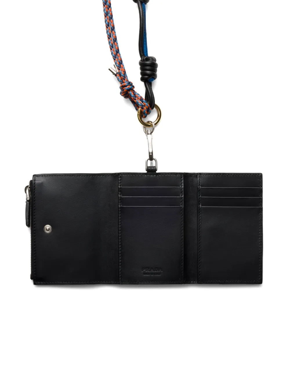 Prada Logo Leather Card Holder in Black, side — The Quiet Edition