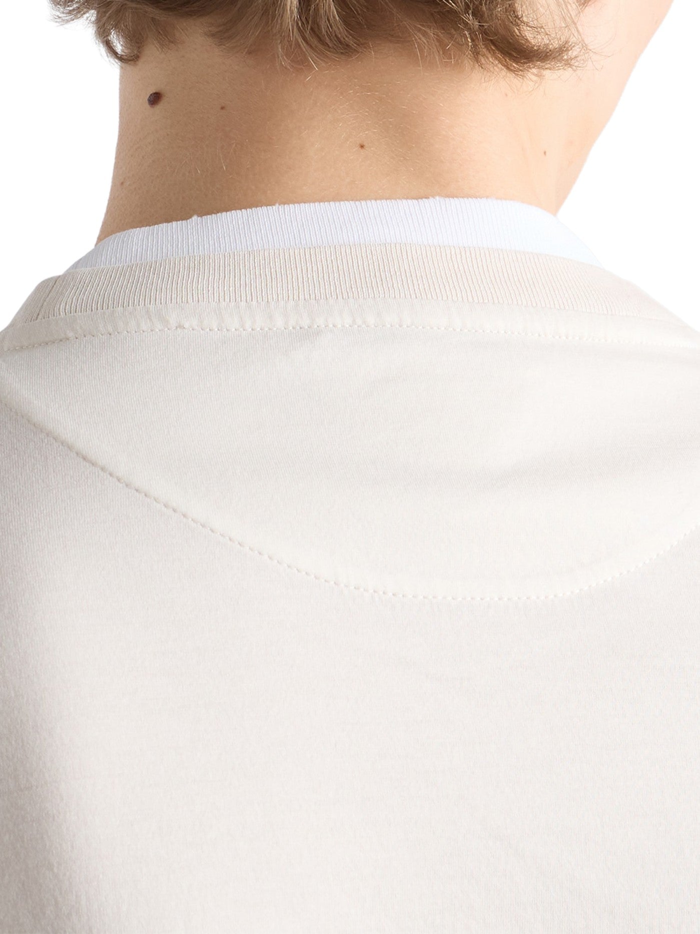 Prada Long-Sleeved Cotton T-Shirt in beige, close-up of ribbed collar and white inner trim at back