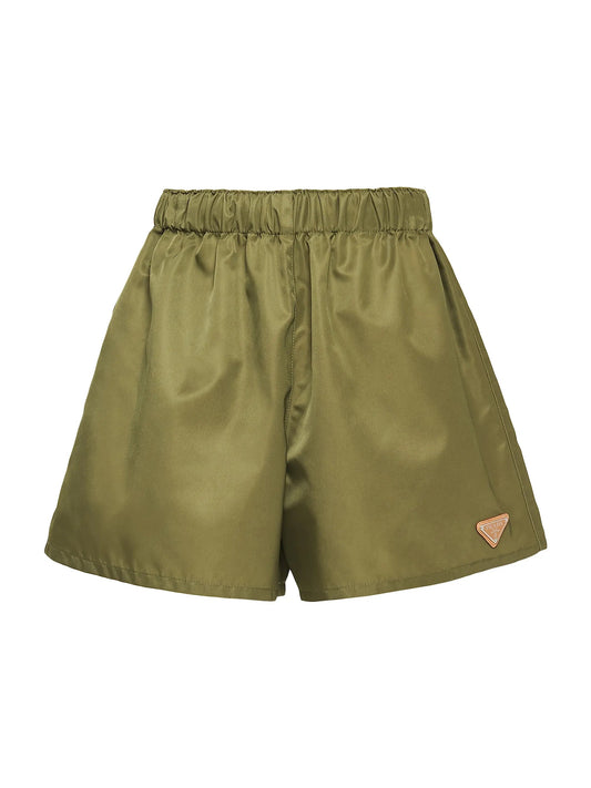 Prada Re-Nylon shorts in olive, front product view — The Quiet Edition