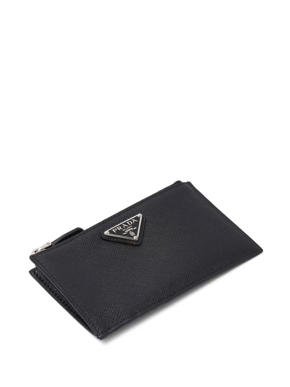 Prada Saffiano Leather Card Holder with silver hardware, angle — The Quiet Edition