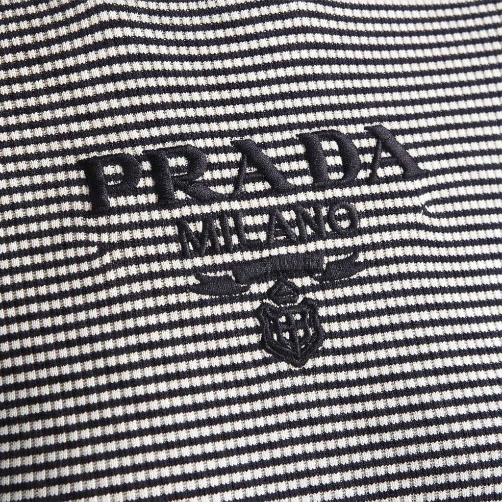 Prada silk cropped logo sweater in navy stripes, embroidered logo detail — The Quiet Edition