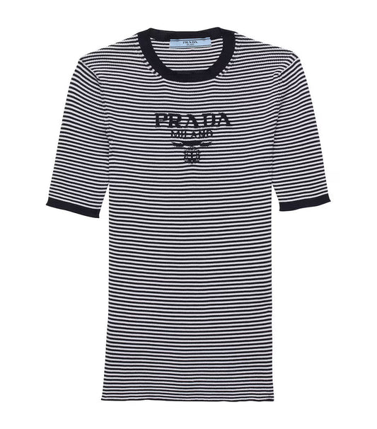 Prada silk cropped logo sweater in navy stripes, front view — The Quiet Edition