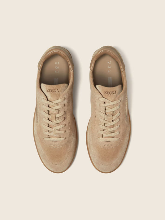 Zegna 232 suede sneaker in beige, front angle — The Quiet Edition