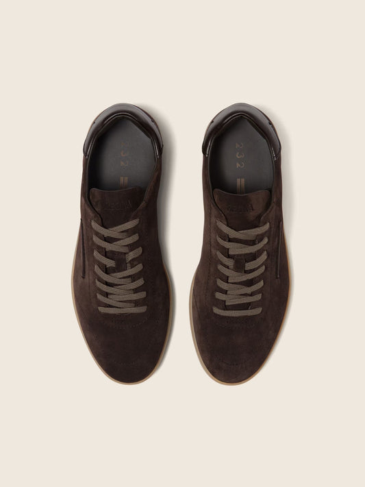 Zegna 232 suede sneaker in dark brown, top view — The Quiet Edition