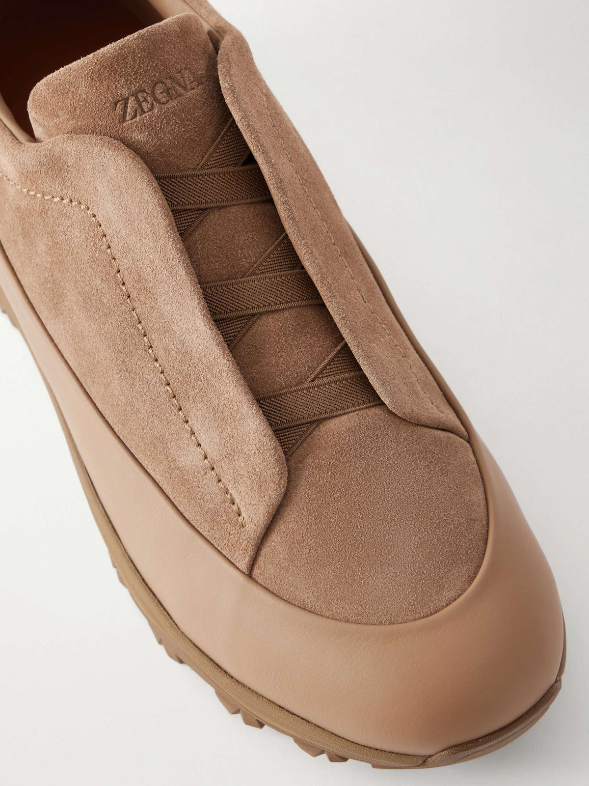 Zegna Triple Stitch Monte Suede Sneakers in camel, toe detail | The Quiet Edition