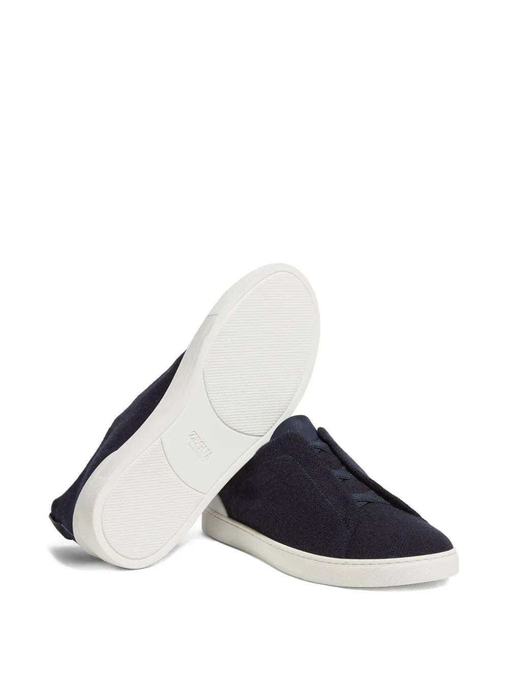 Zegna Triple Stitch Cashmere-Blend Sneakers in Navy Blue, detail — The Quiet Edition