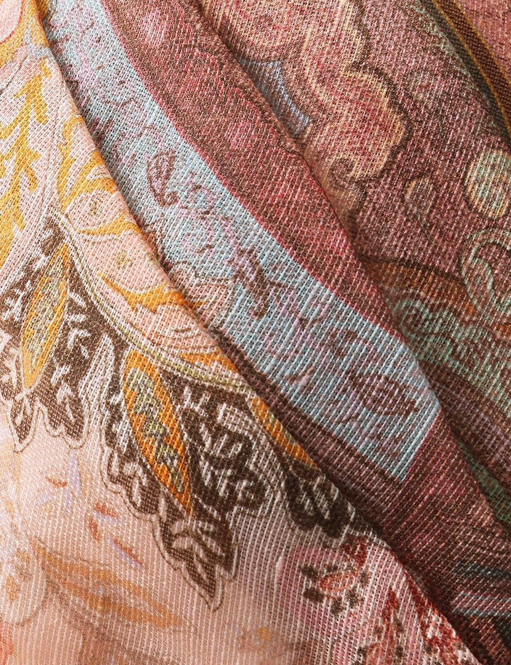 Zimmermann Alchemy structured midi-dress in pink paisley, silk-linen fabric detail — The Quiet Edition