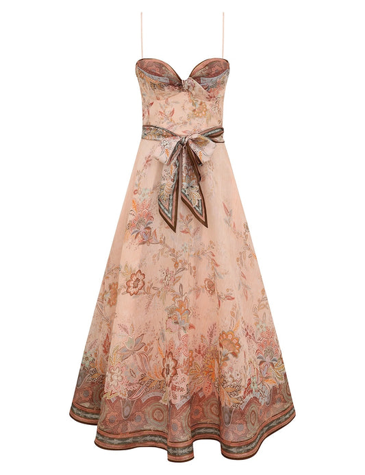Zimmermann Alchemy structured midi-dress in pink paisley, front product view — The Quiet Edition