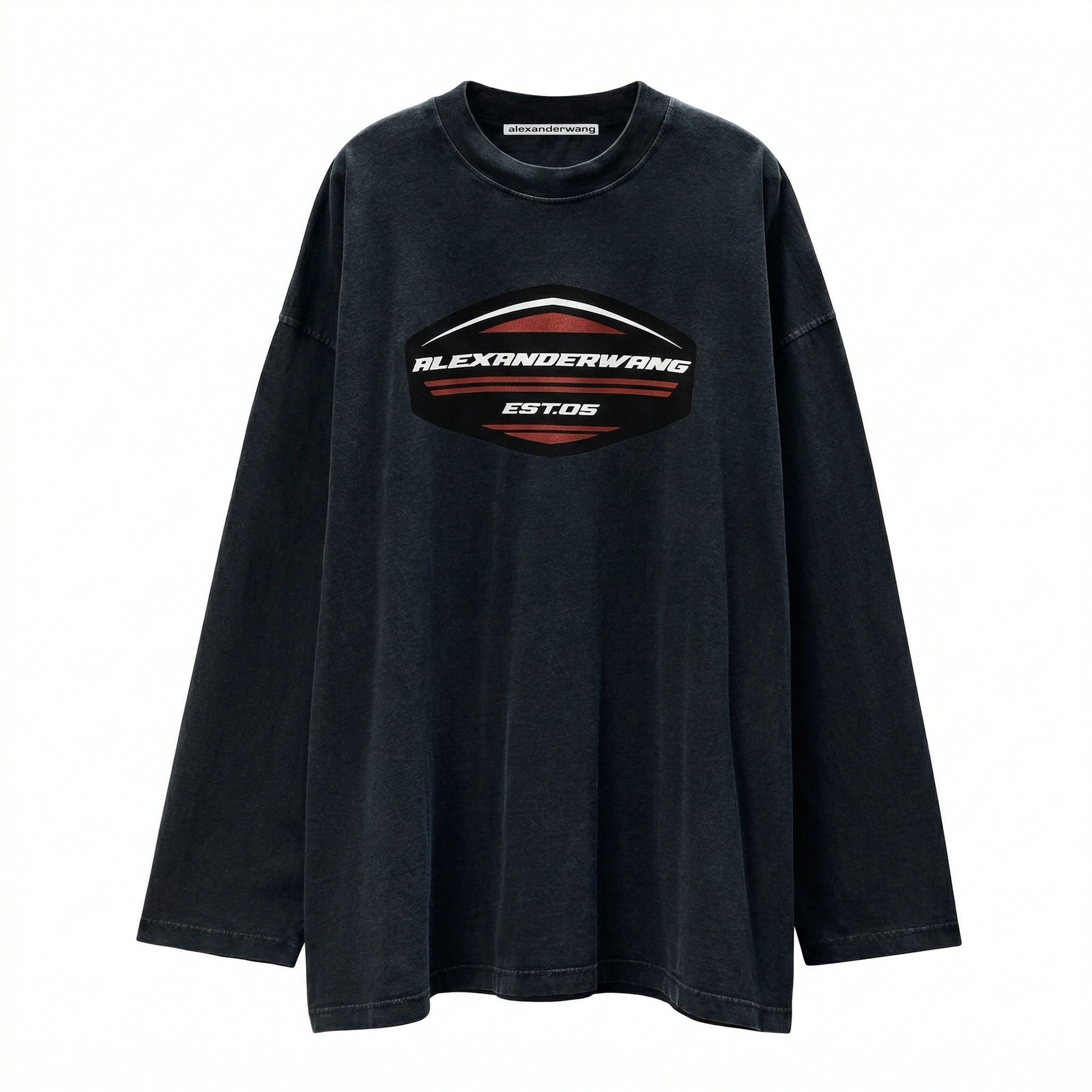 Alexander Wang racing logo long sleeve tee in washed black, front view — The Quiet Edition