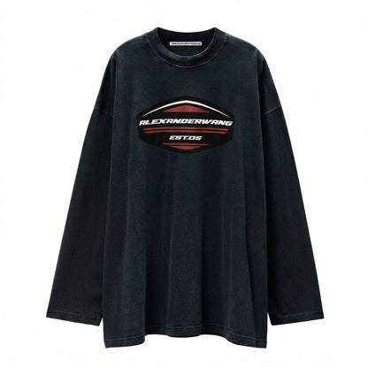 Alexander Wang racing logo long sleeve tee in washed black, front view — The Quiet Edition