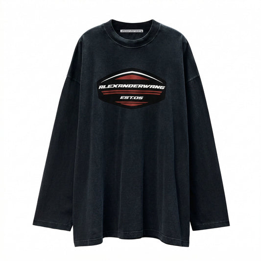 Alexander Wang racing logo long sleeve tee in washed black, front view — The Quiet Edition