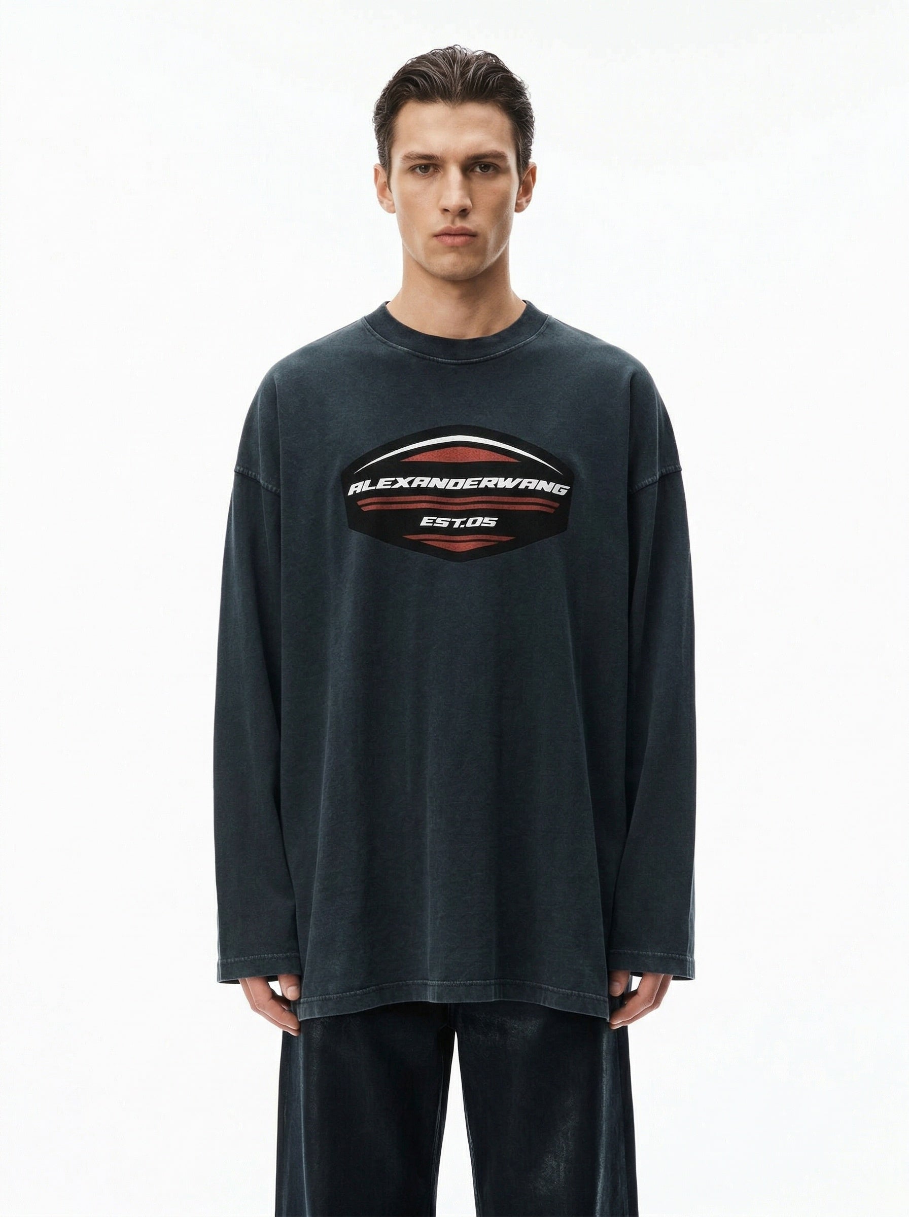Alexander Wang racing logo long sleeve tee in washed black, model front — The Quiet Edition