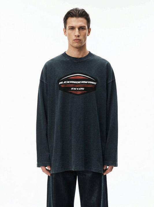 Alexander Wang racing logo long sleeve tee in washed black, model front — The Quiet Edition
