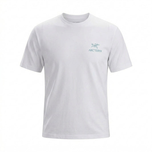 Arc'teryx graphic logo t-shirt in white, front view — The Quiet Edition