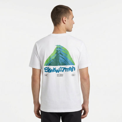 Arc'teryx graphic logo t-shirt in white, model back view — The Quiet Edition