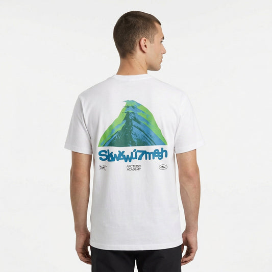 Arc'teryx graphic logo t-shirt in white, model back view — The Quiet Edition