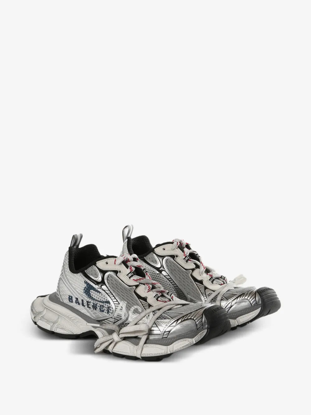 Balenciaga 3XL Split Logo Sneakers, front three-quarter view of the pair with trailing laces and scuffed midsoles