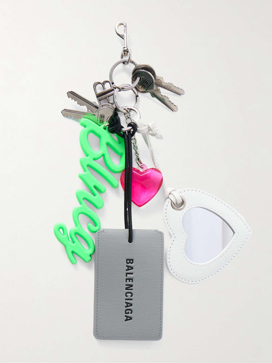 Balenciaga Aki Embellished Key Fob in Silver, front — The Quiet Edition