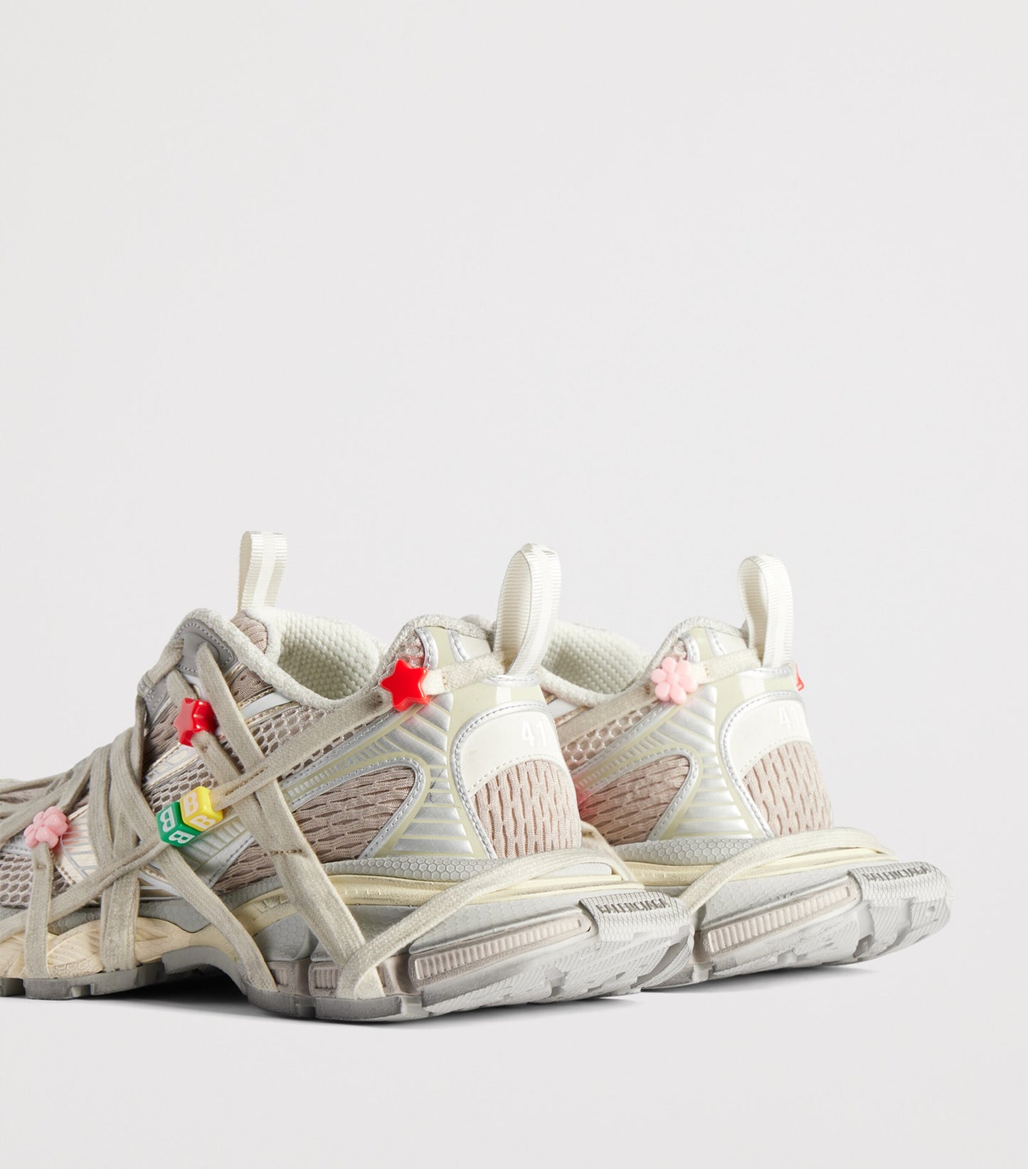 Balenciaga Distressed 3XL Extreme Lace Sneakers heel detail with taupe mesh and chunky rubber sole