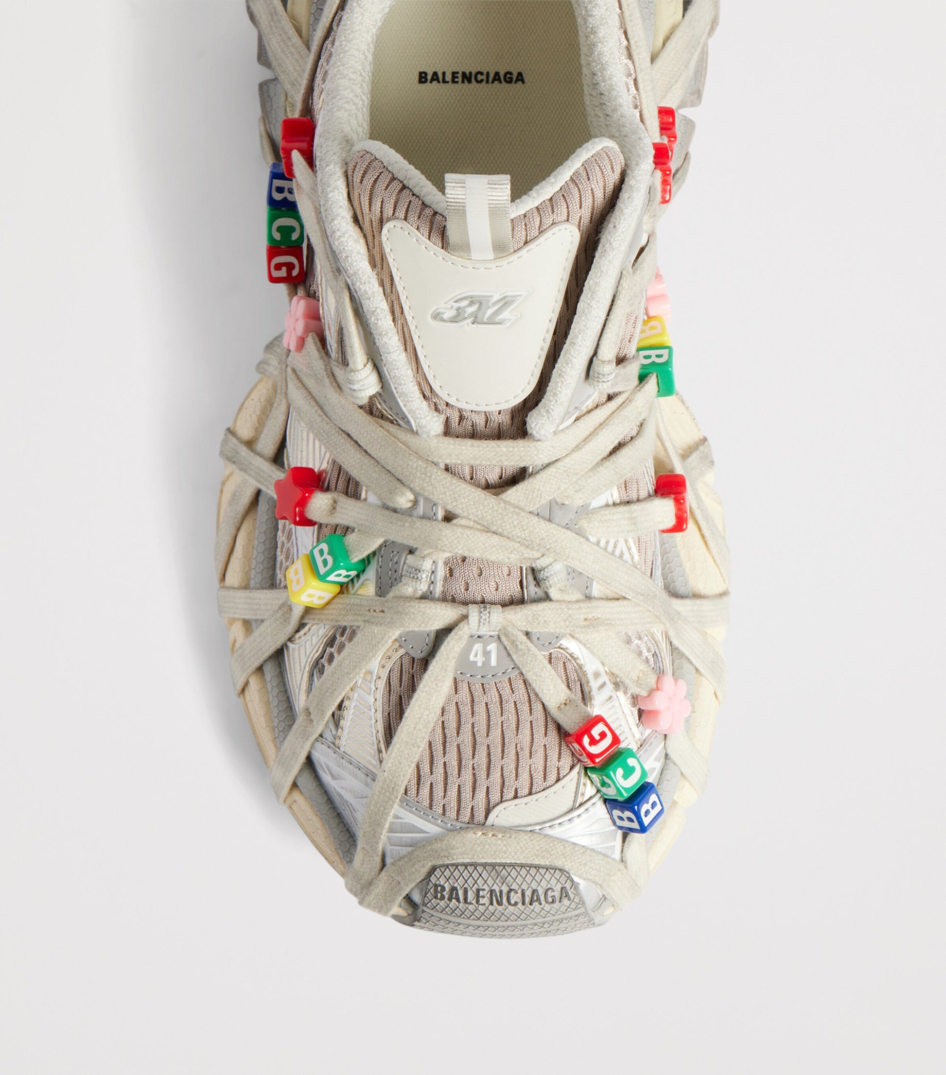 Balenciaga Distressed 3XL Extreme Lace Sneaker top view with criss-cross laces and BCG bead charms