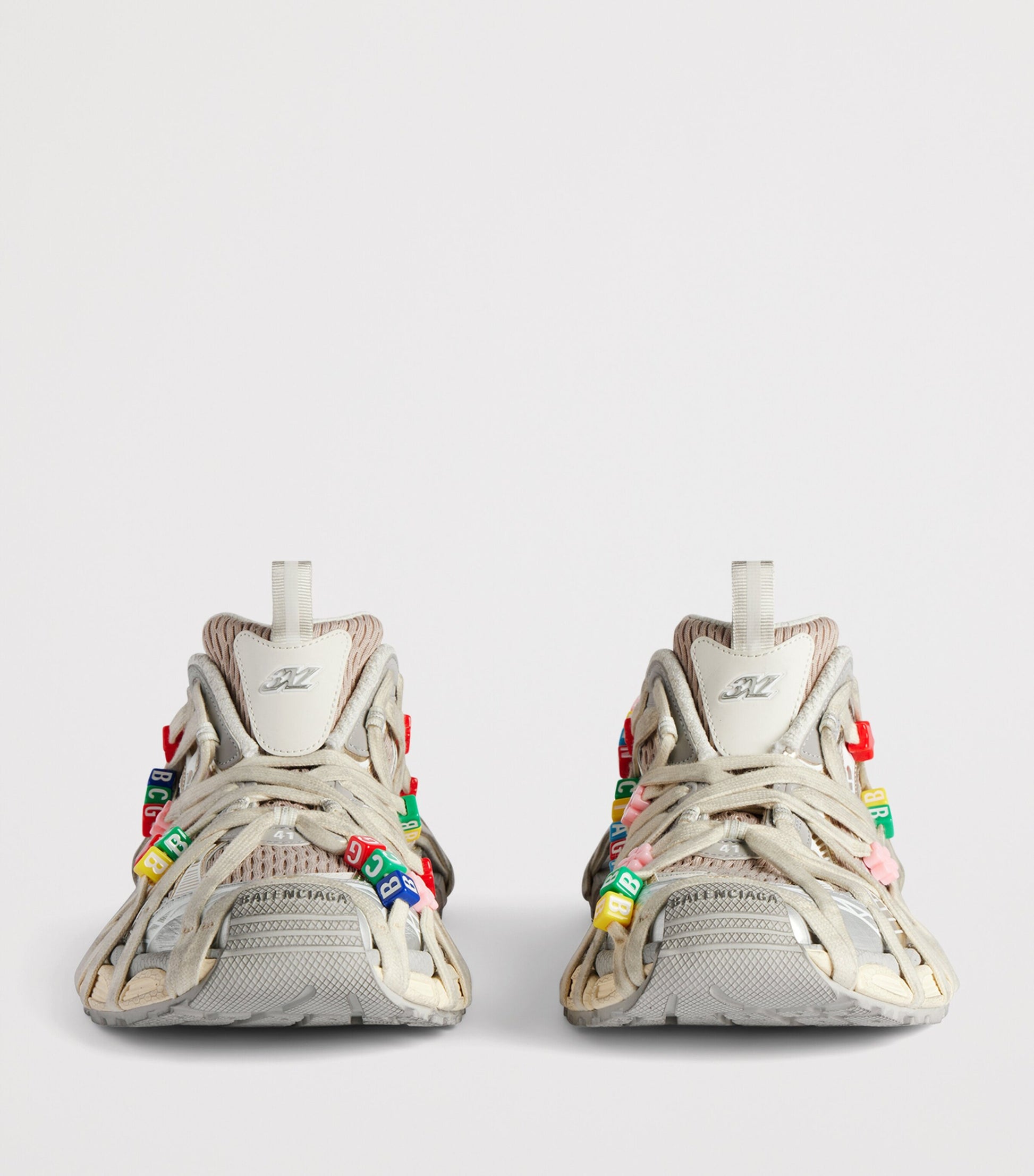 Balenciaga Distressed 3XL Extreme Lace Sneakers rear view showing ivory heel tabs and 3XL logo