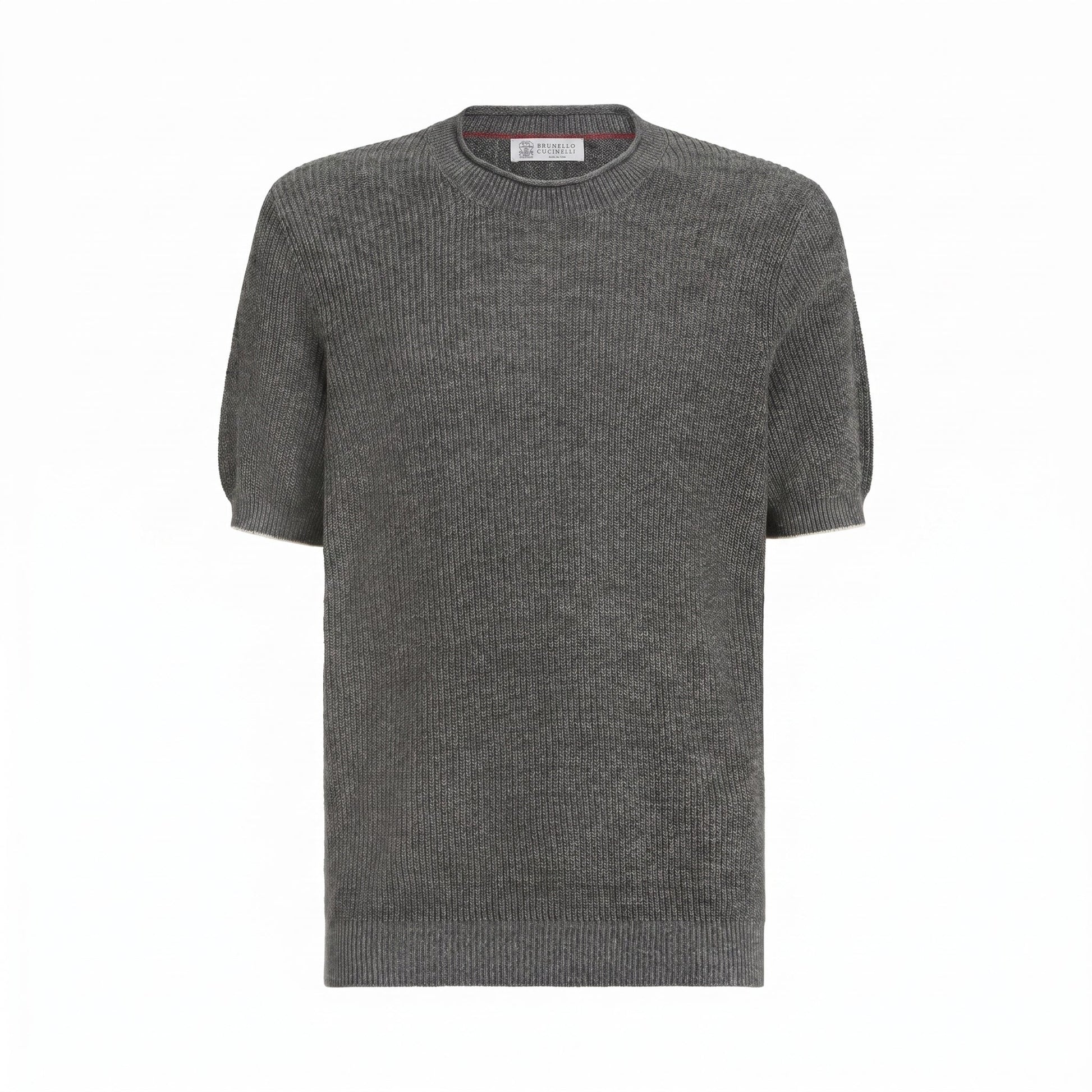Brunello Cucinelli English rib linen t-shirt in dark grey, front view — The Quiet Edition