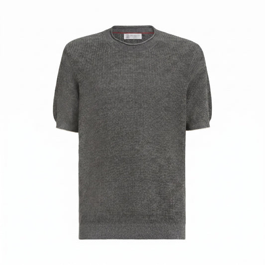 Brunello Cucinelli English rib linen t-shirt in dark grey, front view — The Quiet Edition