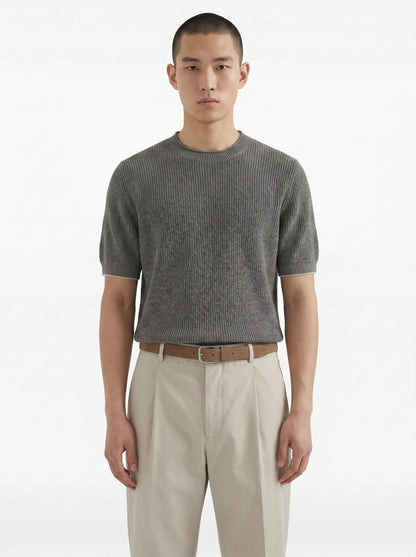 Brunello Cucinelli English rib linen t-shirt in dark grey, model front — The Quiet Edition