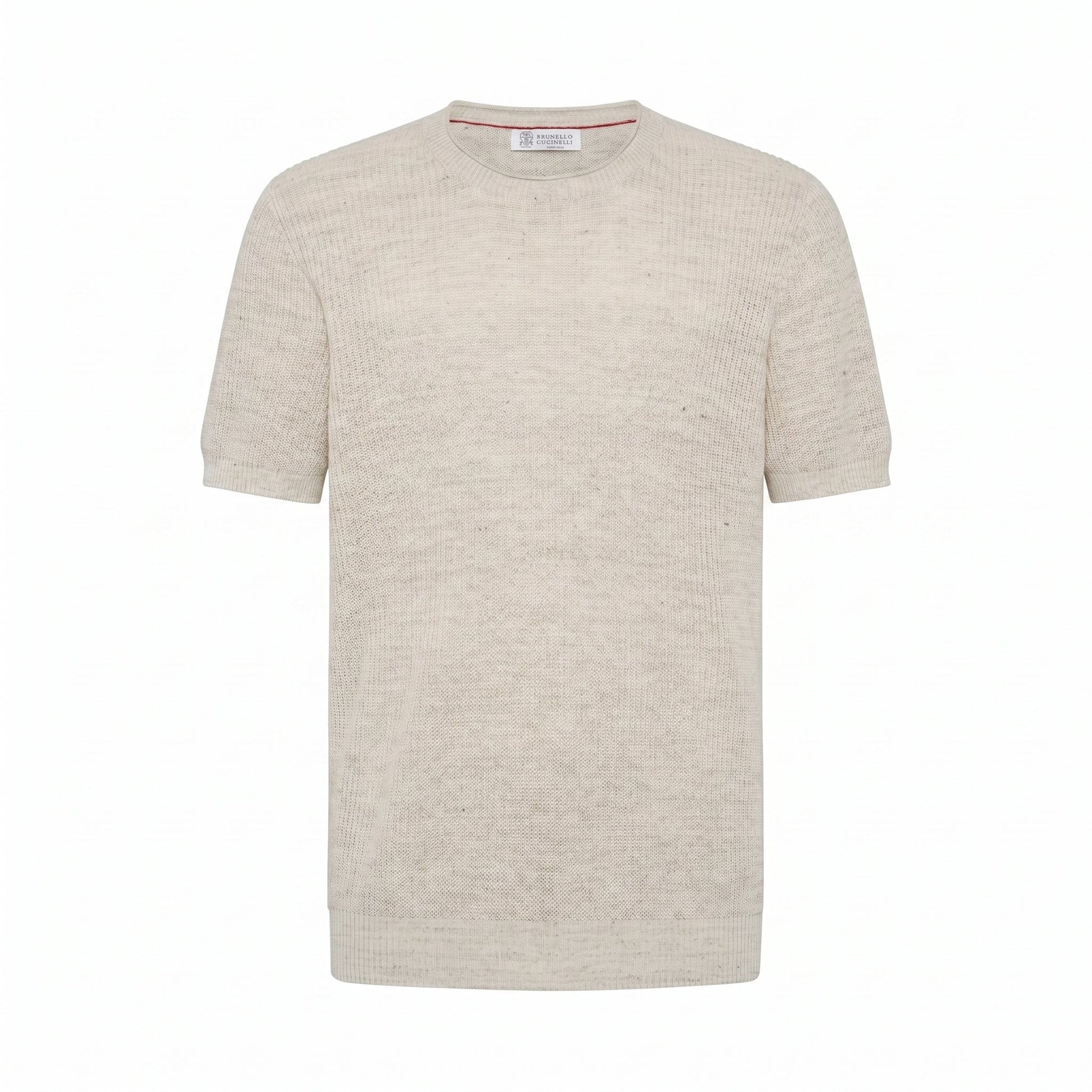 Brunello Cucinelli English rib linen t-shirt in light beige, front view — The Quiet Edition