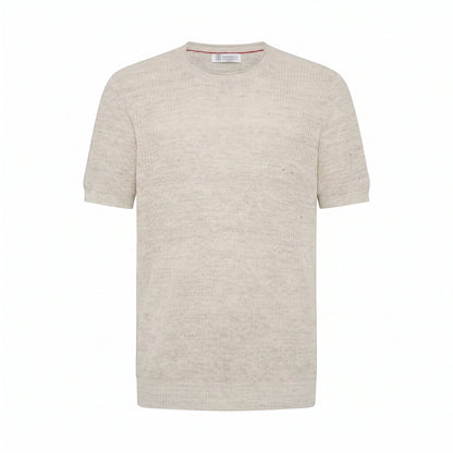 Brunello Cucinelli English rib linen t-shirt in light beige, front view — The Quiet Edition