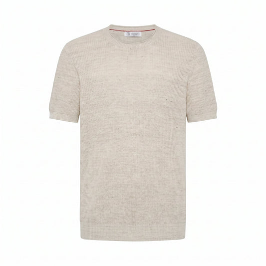 Brunello Cucinelli English rib linen t-shirt in light beige, front view — The Quiet Edition